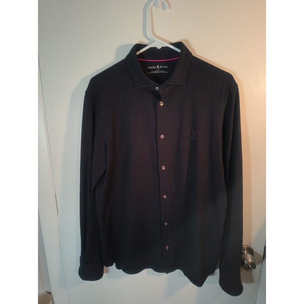 Psycho Bunny Men M Pima Cotton Long Sleeve Button Down Knit Shirt Solid Black
